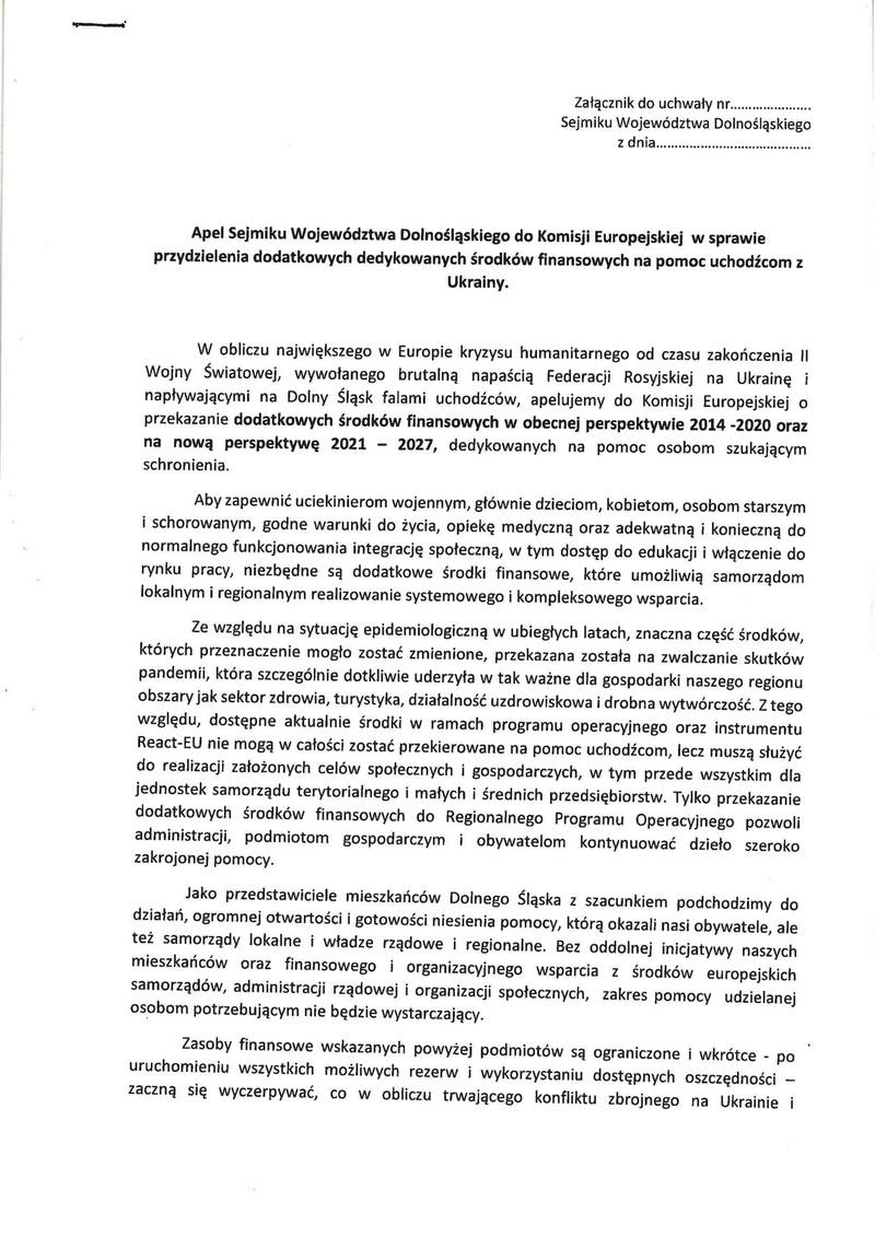 Treść apelu Sejmiku Województwa Dolnośląskiego